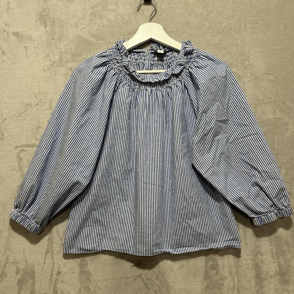 J. Crew Smocked-Neck Blouse Women's S Blue & White Striped Elasticated Cuffs